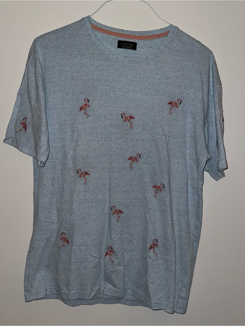 Zara Man Light Blue Flamingo Embroidered Men’s Soft Tee
